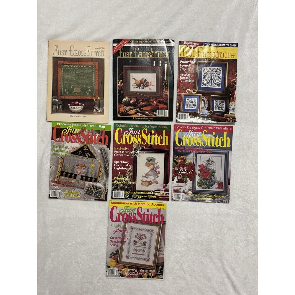 Just CrossStitch Magazine Lot 7 Issues Christmas Cat Floral 1988 1989 2003 2004